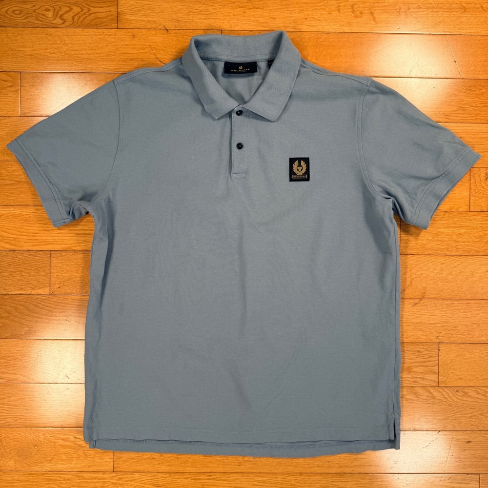 Belstaff Mens XXL Light Blue Pique Cotton Short Sleeve Phoenix Logo Polo Shirt